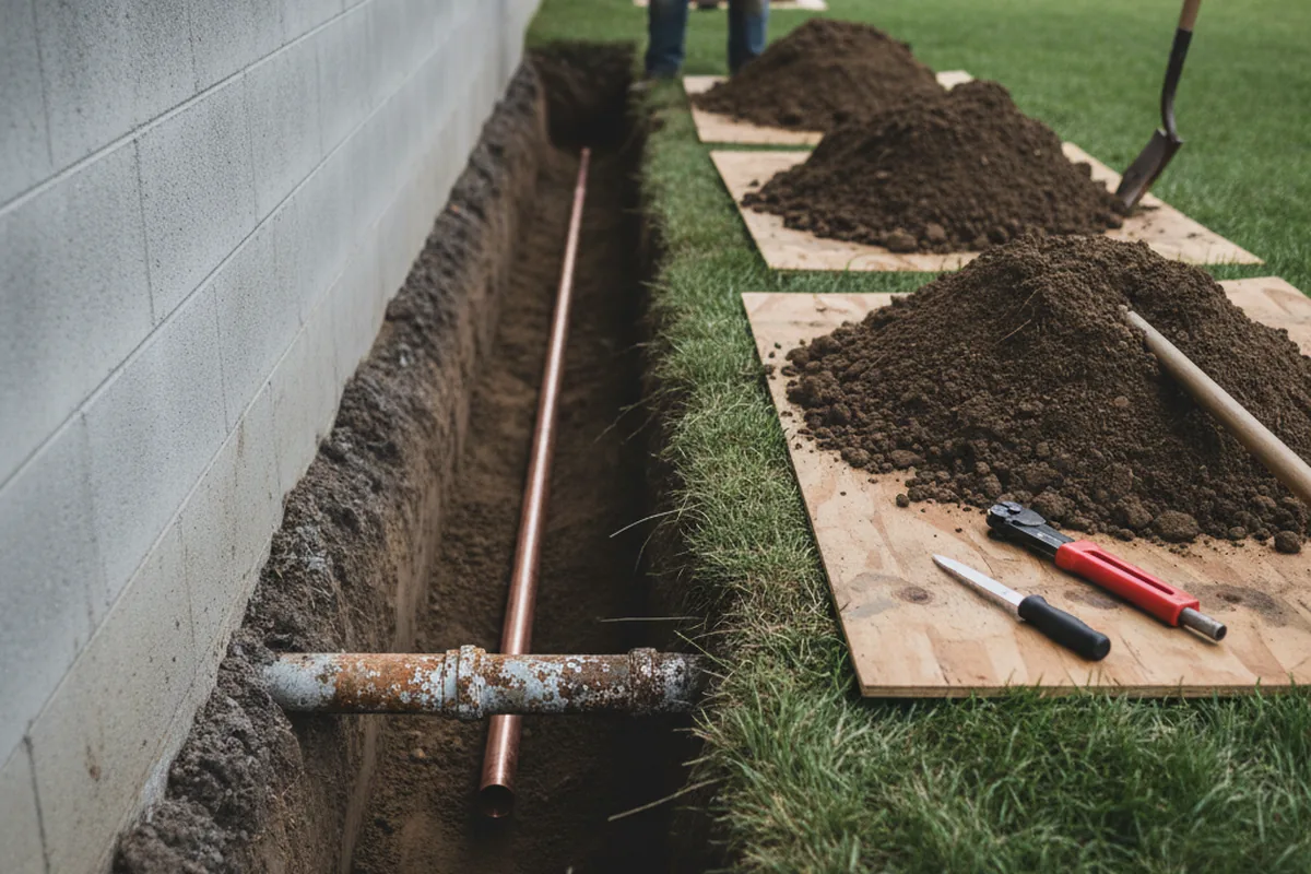Excavated water line trench during Water Heater Repair in Biggs